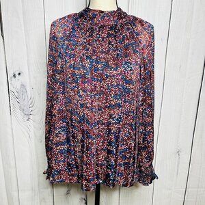 Jade Melody Tam Sz M Mock Neck Sheer Long Sleeve Satin Blouse Keyhole Pleated